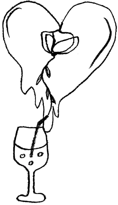Illustration of a rose inside a heart dripping in a wine glass 